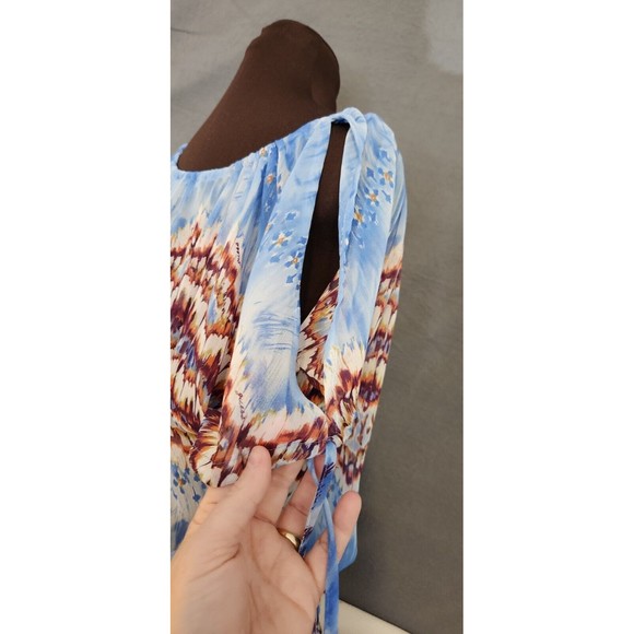 GUESS Blouse Top Size XS Ikat Aztec Colorful Cold Shoulder Short Sleeve Sheer - Picture 4 of 11